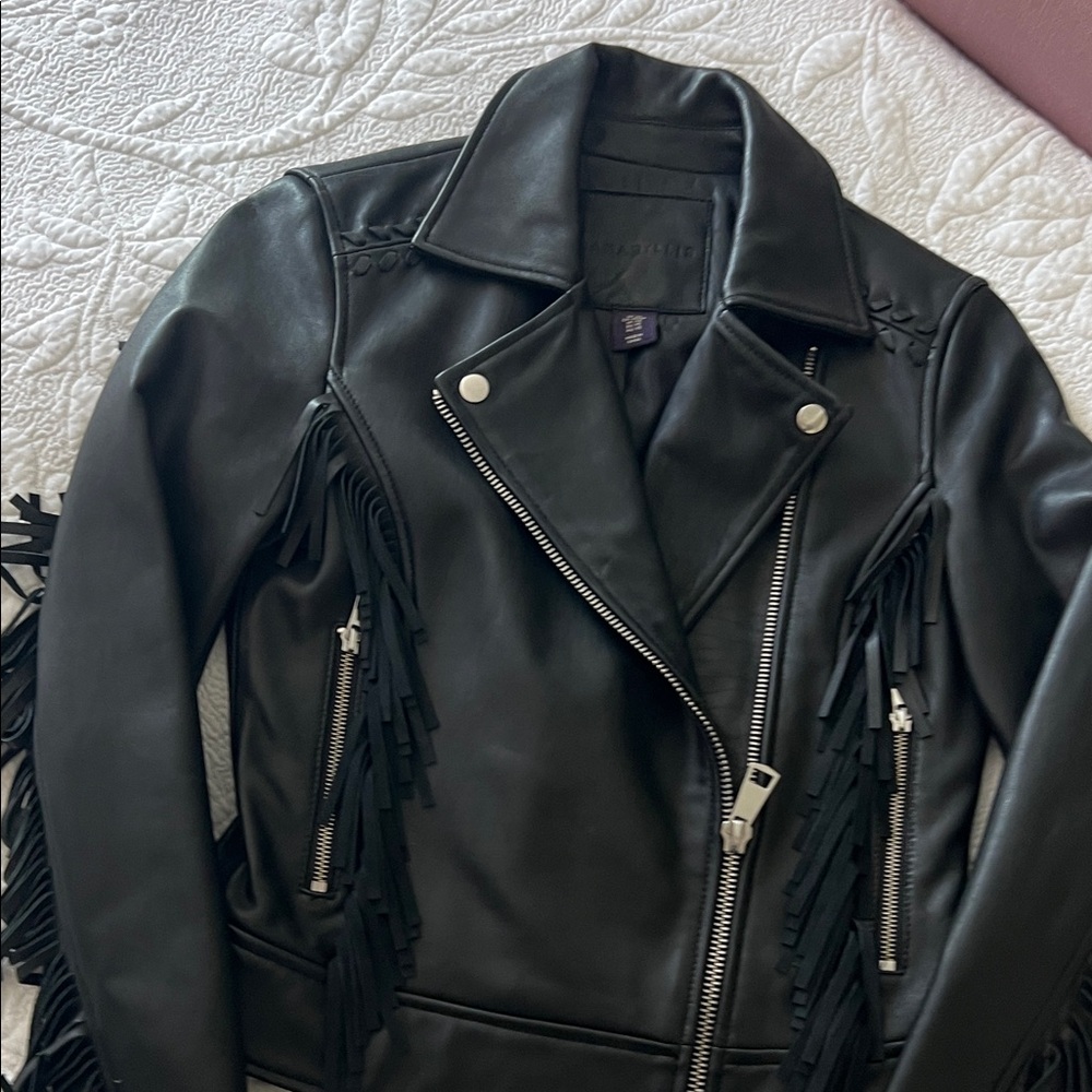 Amaryllis Black Leather Jacket with Fringe